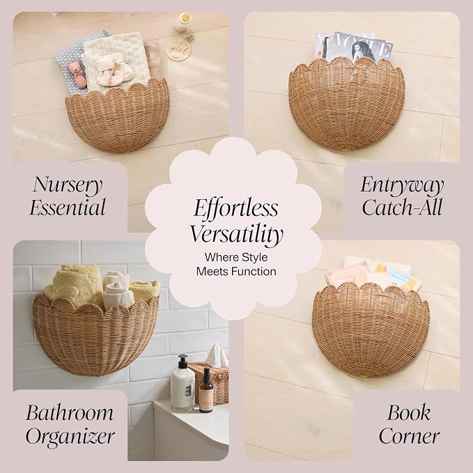 BEBE BASK The Original Scalloped Wicker Wall Basket – Set of 2 – Handwoven Scalloped Wall Baskets (16 x 10 x 7 in), Woven Rattan Wall Hanging Baskets - Mocca Scalloped Basket