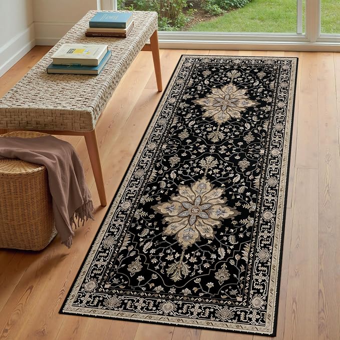RELEANY Area Rugs Runner 3'x6' Washable Non-Slip, Floral Vintage Distress Medallion Carpet for Kitchen Hallway Bedroom Beside Laundry Room Bathroom, Black Brown Neutral Dark Tan