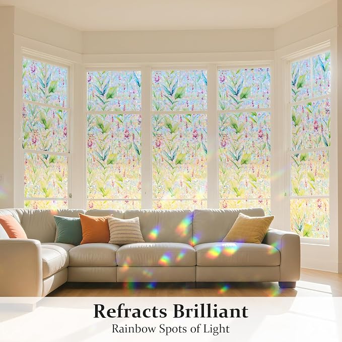 Donox Decorative Window Privacy Film, 3D Floral Stained Glass Window Film Static Cling Rainbow Privacy Sticker for Glass Door Heat Control Anti UV, No Adhesive (Gladiolus,35.4 x 157.4 inches)