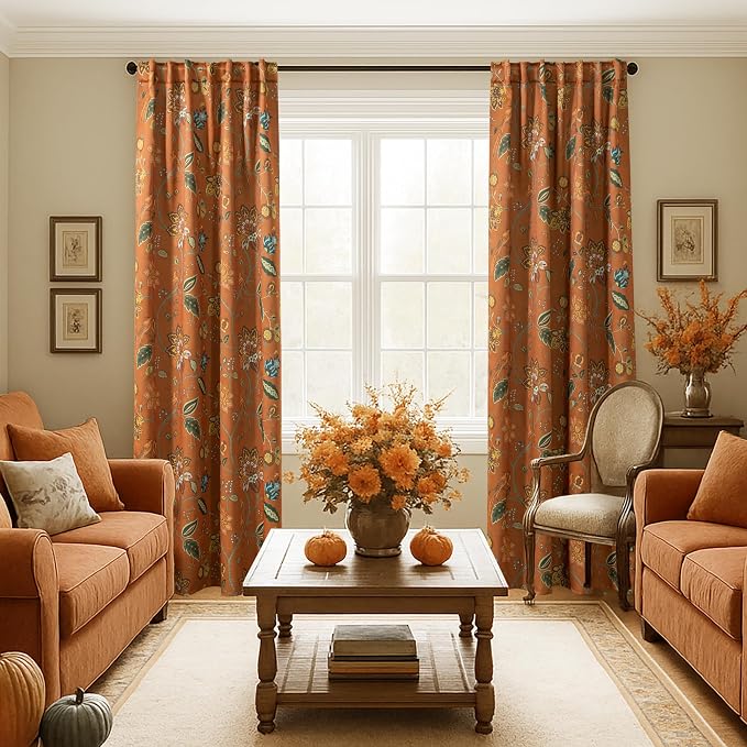 Pattern Black Out Curtains 96 Inches Long 2 Panel Set Rustic Farmhouse Blackout Curtain for Living Room,Earthy Rust Orange Olive Green Boho Vintage Floral Eclectic 70s Hippie Curtains for Bedroom