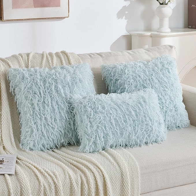 FUTEI Pack of 2 Faux Feather Plush Throw Pillow Covers 18x18 Inch Soft Fluffy Solid Farmhouse Decorative Cushion Cases Modern Luxury Accent for Couch Bed Living Room, Light Blue
