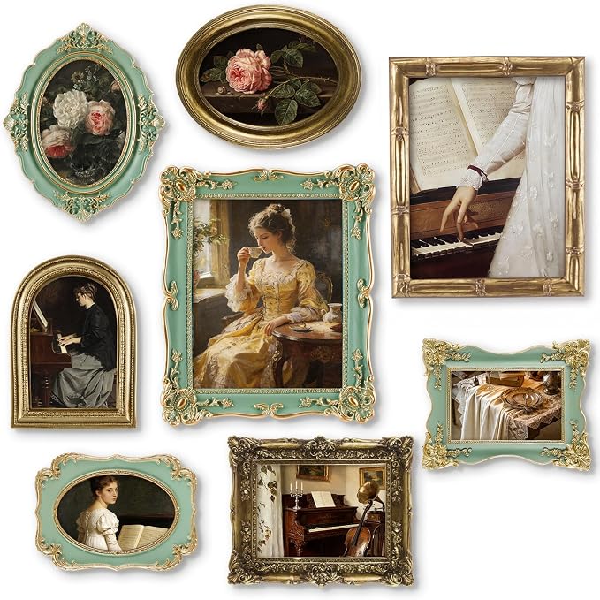 Lineshading 8 Pcs Gold and Green Picture Vintage Gallery Wall Frame Set Including 8x10, 5x7, 4x6 Antique Resin Picture Frame Collage Baroque Victorian for Wall Tabletop Display for Bedroom Living Room