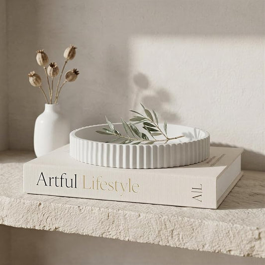 Decorative Concrete Tray & Book Decor Set - Scalloped Tray & Linen Box Enhance Your Coffee Table or Bookshelf Decor - Stylish Home Decoration for Your Living or Dining Room & as a Housewarming Gift