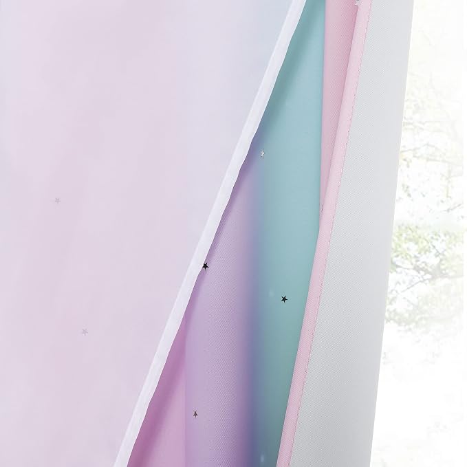 NICETOWN Curtains for Girls Bedroom Kids Curtain Star Cutout Rainbow Curtain for Girls Room Decor Window Nursery Curtain 84 inches Long Grommet, 2 Panels, W42 x L84, Purple & Blue & Pink