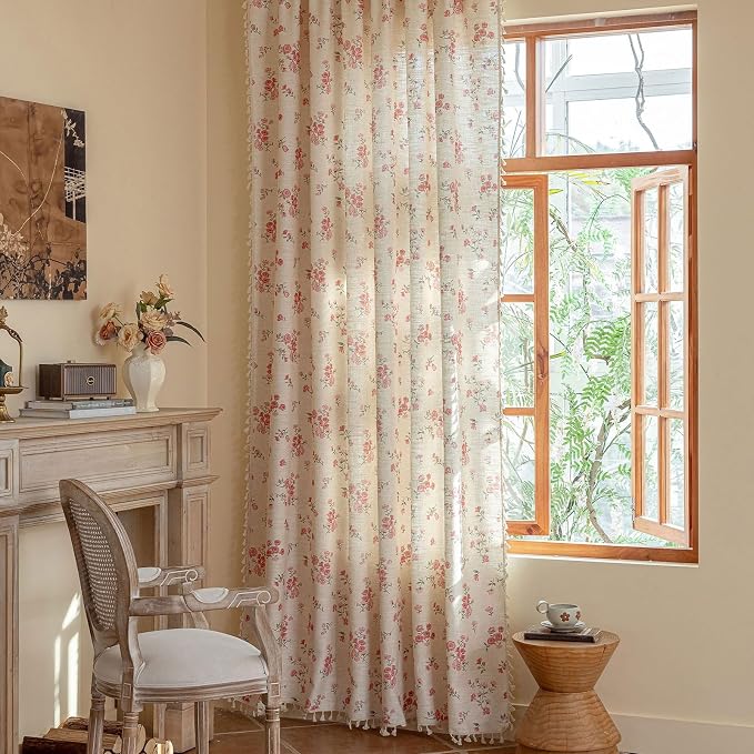 OYX Pink Boho Floral Curtains 63 Inch Long 2 panels, French Vintage Farmhouse Patterned Decor Window Drapes With Tassels, Girls Semi-Sheer Light Filtering For Bedroom Living Room (Rod Pocket, 52Wx63L)