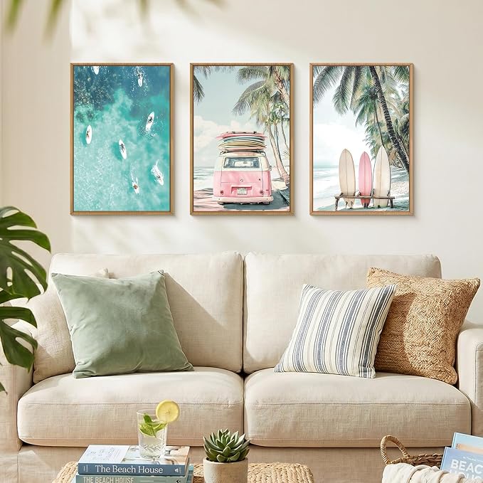 HOURIA Summer Surfboard Beach Framed Canvas Wall Art Set,Modern Ocean Surfing Seascape Wall Decor,Coastal Bus Coconut Tree Wall Painting,Nature Botanical Art Prints for Living Room, Bedroom-24 x36 x3