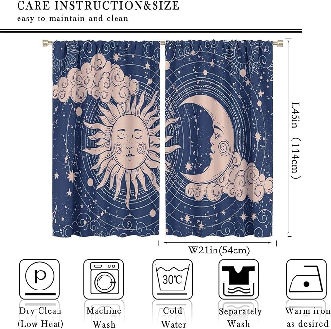 Sun Moon Blackout Windows Curtains, Boho Celestial Bodies Gold Sun Moon and Stars Pattern Window Drapes, for Living Room Bedroom 42x45in 2 Panels