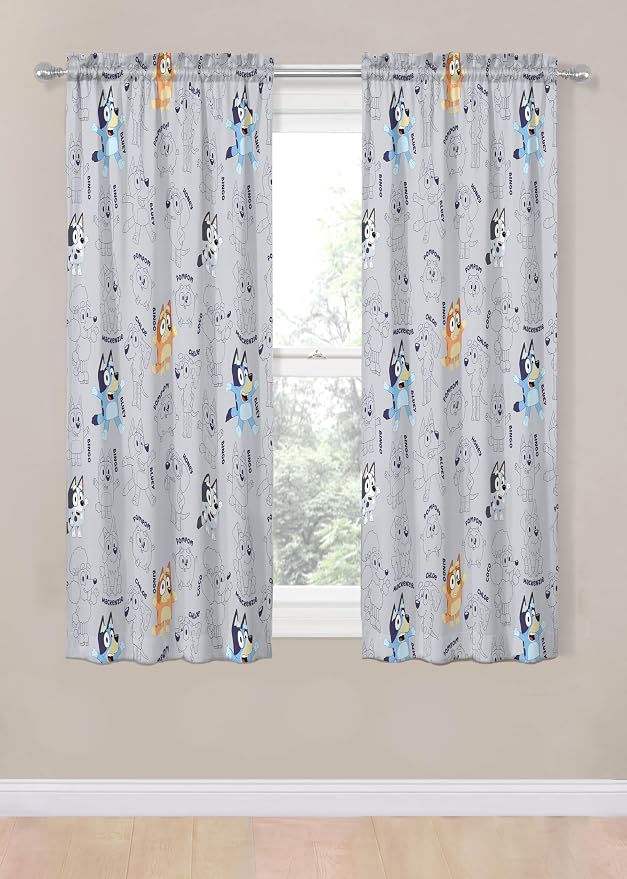 Jay Franco Window Curtains for Kids Bedroom 4-Piece Drape Set with 2 Tiebacks, Grey - Bluey, 42" W x 63" L (Pack of 2)