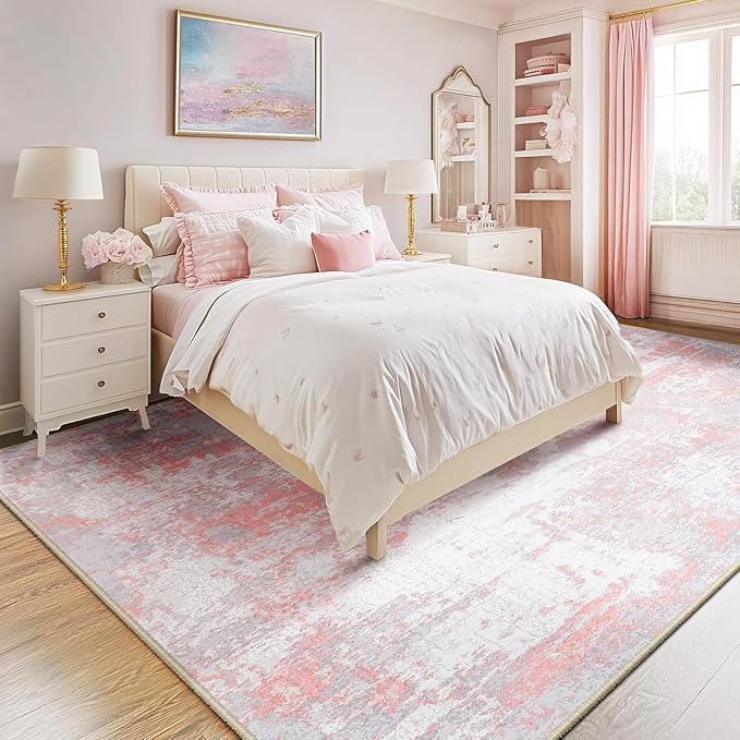 RELEANY Washable Area Rugs 8'x10' Non-Slip Modern Abstract Soft for Living Room Entryway Bedroom Kitchen, Print Pattern, Grey Pink