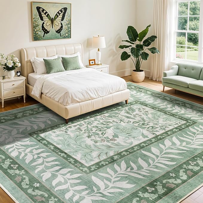 LIANLAM Washable Rug 10x14 Area Rugs for Living Room - Stain Resistant Non-Slip Backing Floral Design Rug for Bedroom,Durable & Ultra-Thin Vintage Large Area Rug(10x14,Green)