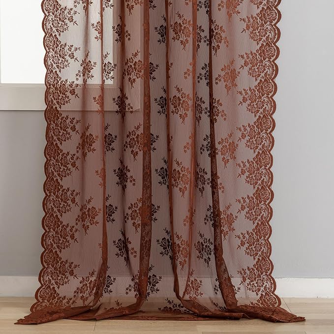 Kotile Warm Brown Sheer Curtains 72 Inches Long 2 Panels W52 x L72 Inch, Brown Colored Vintage Lace Curtains for Bedroom Country Rustic Floral Design Rod Pocket Privacy Light Filtering Cottage Curtain
