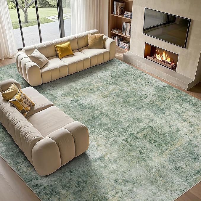 Tortania Washable 9x12 Area Rug for Living Room: Modern Abstract Neutral Large Soft Thin Rugs - Non Slip Indoor Carpet for Bedroom Dining Room Office Nursery Home Floor Decoration - Olive Green