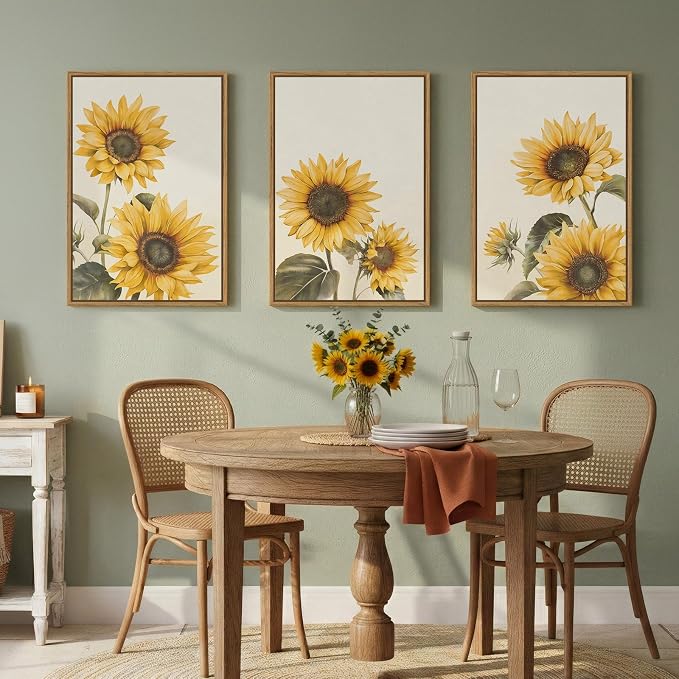 3 Piece Large Framed Floral Sunflower Wall Art for Bedroom, Farmhouse Rustic Botanical Canvas Paintings Prints, Yellow Flower Picture Artwork Wall Decor for Living Room kitchen Hallway 16x24 Inch