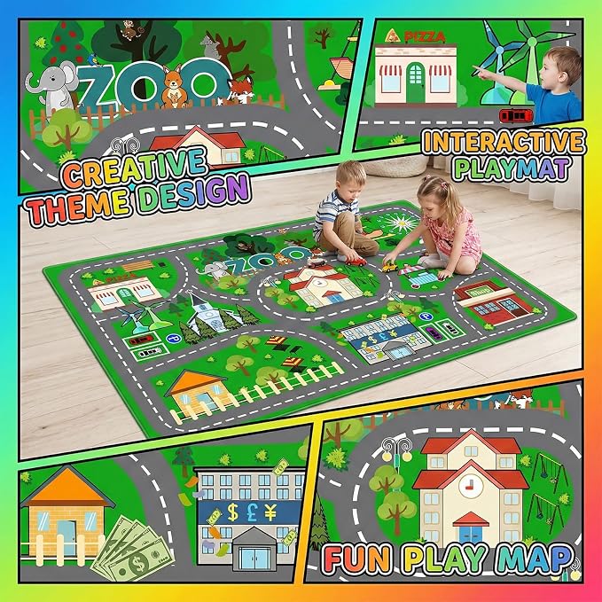 Car Rug Play Mat - Green Road Rug for Kids Boys Room, Fun Race Track Traffic Road Carpet for Boys Playmat Educational Learn, Car Carpet for Kids Room Decor Playmat Bedroom Playroom, 2.5x4 Feet