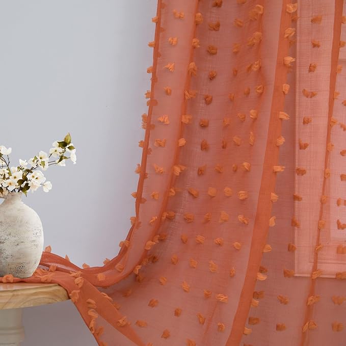 Burnt Orange Sheer Curtains 84 Inches Long Terracotta Curtains for Living Dining Room Bedroom 2 Panels Back Tab Boho Farmhouse Style Pom Pom Tufted Window Drapes Semi Sheer Fall Decor Curtain 52x84