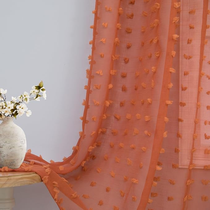 Terracotta Rust Sheer Curtains 90 Inches Long for Bedroom 2 Panels Set Rustic Boho Farmhouse Textured Pom Pom Sheer Curtains Drapes Burnt Orange Curtain Panles for Living Room Back Tab 52x90 Inch