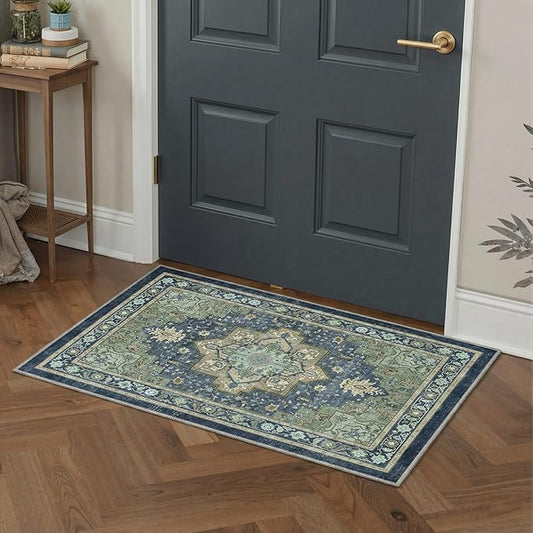 GENIMO Area Rug 2x3 Doormat, Machine Washable Low Pile Rugs, Small Retro Chenille Entryway Mat for Entrance, Hallway, Kitchen and Corridor, Green & Navy