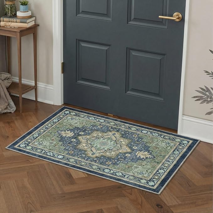 GENIMO 8x10 Area Rugs for Living Room, Machine Washable Rug, Non Slip Indoor Vintage Carpet, Low Pile Lightweight Print Carpet for Bedroom Dining Room Home Office, Green & Navy