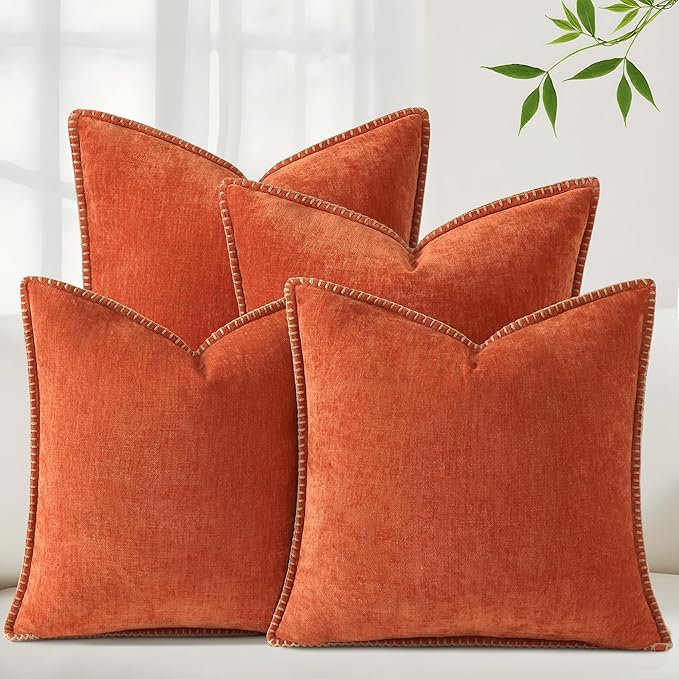 decorUhome Set of 4 Throw Pillow Covers 18x18 Inch Decorative Soft Chenille Pillow Covers Farmhouse Neutral Cushion Covers with Stitched Edge for Couch Sofa Bed Living Room, Burnt Orange