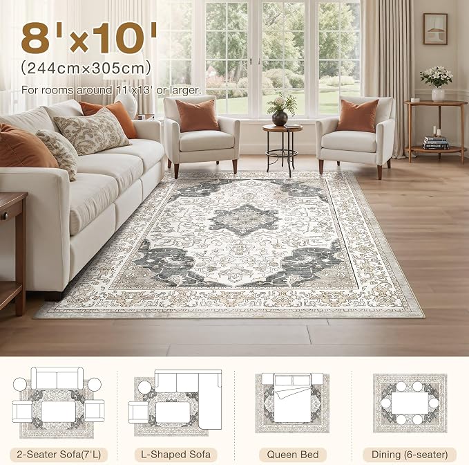 cotiled 8x10 Area Rug Machine Washable Vintage Carpet for Living Room Bedroom Soft Non-Slip Backing Floor Mat Kid & Pet Friendly Stain Resistant Light Brown