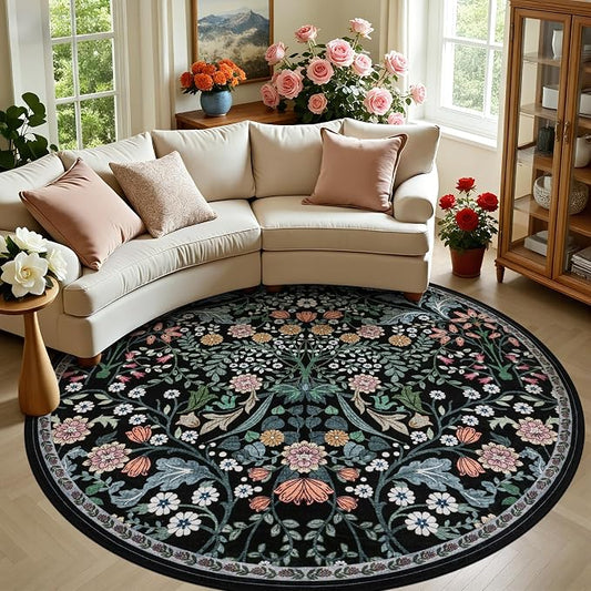 Round Area Rug for Living Room: 8 ft Floral Washable Circle Rug Soft Boho Non-Slip Carpet Indoor Floor Stain Resistant Low Pile Small Circular Rug for Bedroom Entryway Kitchen Nursery Dark Black