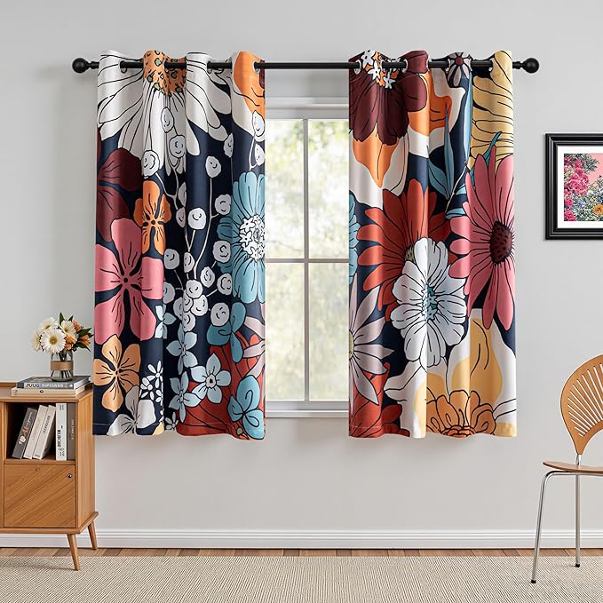 MYSKY HOME Boho Floral Blackout Curtains for Bedroom 63 inch Long Botanical Black Out Curtains for Living Room Grommet Thermal Insulated Room Darkening Window Drapes for Home Decor,2 Panels, 52"x63"