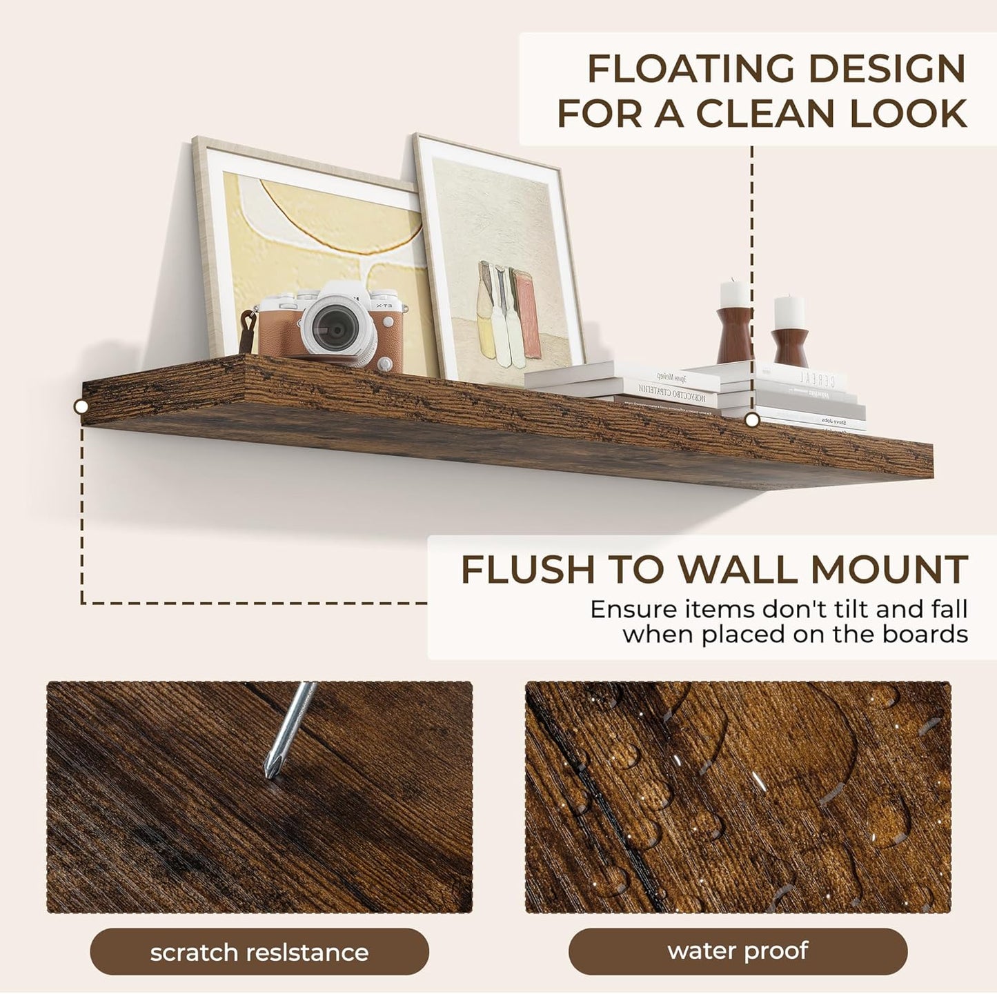 RICHFOCUS 48Inch Floating Shelves for Wall 2 Pack Shelves for Bedroom|Kitchen|Bathroom Wall Mounted Rustic Wood Floating Shelf with Invisible Brackets for Books|Storage|Decor, Rustic Brown