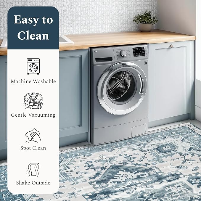 Rugflix 9x12 Area Rug for Living Room, Machine Washable Area Rugs with Non-Slip Backing, Large Soft Boho Vintage Rug for Bedroom, Dining Room, Low Pile Carpet, Kids Pet Friendly, Blue