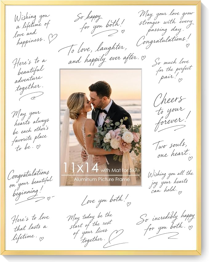 Signature Picture Frame 11x14, Aluminum Signable Frame with Mat, Gold | Elegant Gold Signable Frame with 5x7 Opening for Wedding, Graduation, Birthday & Baby Shower Guest Book | Wall Kit Included