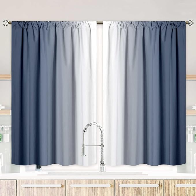 Blue and White Kitchen Curtains 2 Panels for Dining Room Blue Ombre Curtain 39 inch Length Semi Sheer Rod Pocket Window Treatment Panel for Living Room,27.5"x39"