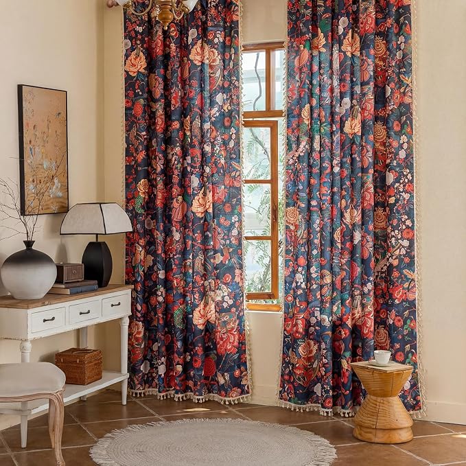 OYX Boho Floral Curtains 96 Inch, Linen Farmhouse Flower Drapes with Lace & Tassels, Light Filtering Semi Sheer Curtains for Living Room Bedroom, 2 Panels