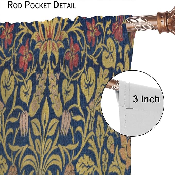 Retro Bohemian William Morris Plant Floral Blackout Window Curtains, Abstract Vintage Country Floral Leaf Pattern Print Window Drapes, for Bedroom Living Room 27.5(W)*63(L) 2 Panels