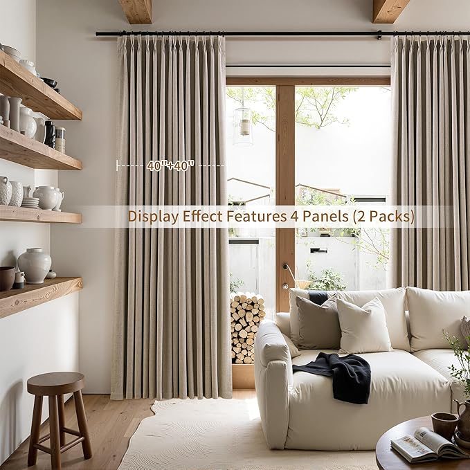 Apricot Pinch Pleated 100% Blackout Linen Curtains 120 Inch Long Insulated Thermal Soundproof Full Blackout Drapes for Bedroom Living Room Darkening Extra Long Pinch Pleat Linen Curtains 40x120