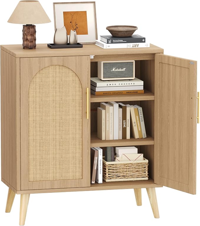 Set of 2 Rattan Buffet Cabinet with Storage, 59 Inch Sideboard with Adjustable Shelf and Solid Wood Legs, Floor Storage Cabinet with 4 Doors, Coffee Bar for Kitchen, Living Room, Hallway, Natural