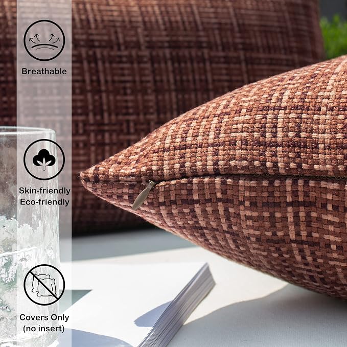 Kevin Textile Pack of 2 Decorative Outdoor Waterproof Throw Pillow Covers Stripe Square Pillowcases Modern Cushion Cases for Patio Couch Bench 18 x 18 Inch Coffee