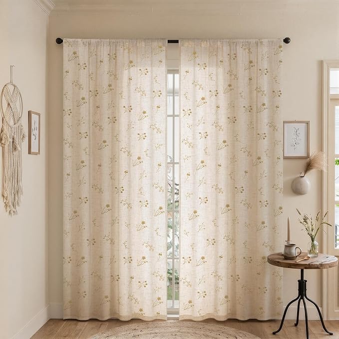 Beige Floral Embroidered Linen Blend Curtains for Bedroom, 84 Inch Light Filtering Spring Farmhouse Vintage Drapes for Living Room Rod Pocket, Set of 2 Panels