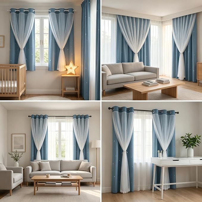 Kids Blackout Curtains for Bedroom/Living Room/Classroom, Sheer Overlay Small 2 Panel Set, Double Layer Curtains with Star Cutout for Kids Room(W 52 x L 45 Inches,Stone Blue 2 Pcs)