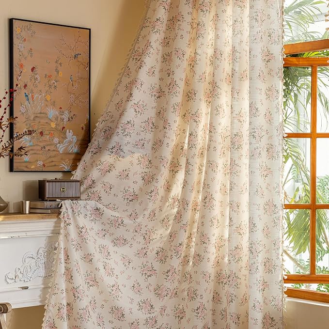 OYX Pink Boho Floral Curtains 63 Inch Long 2 Panels, French Vintage Farmhouse Patterned Decor Window Drapes with Tassels, Girls Semi-Sheer Light Filtering for Kitchen Bathroom (Rod Pocket, 52Wx63L)