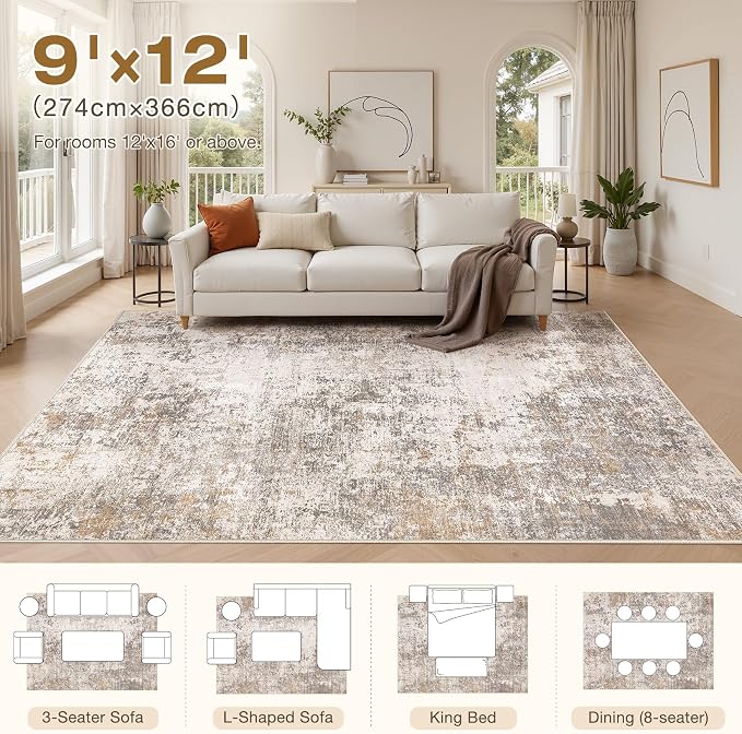 9x12 Area Rugs for Living Room - Washable Living Room Rug 9x12, Large Abstract Modern Neutral Soft Carpet with Non-Slip Backing, Stain Resistant for Bedroom Dining Indoor Decor (Brown Grey)