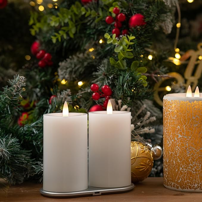 Real Wax Rechargeable Flameless Pillar Candle with Remote Timer, White 3D Moving Flame Led Pillar Candles (3"x5")