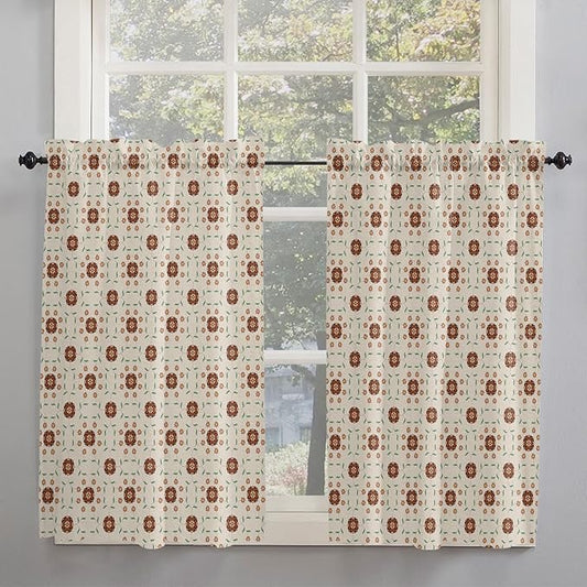 Kitchen Tier Curtains 45 inches Length, Vintage Flower Leaf Lines on Cotton Linen Window Curtains for Living Room Bath Cafe,Rod Pocket Light Filtering Drapes Short Half Window Treatment Tiers 2 Panels