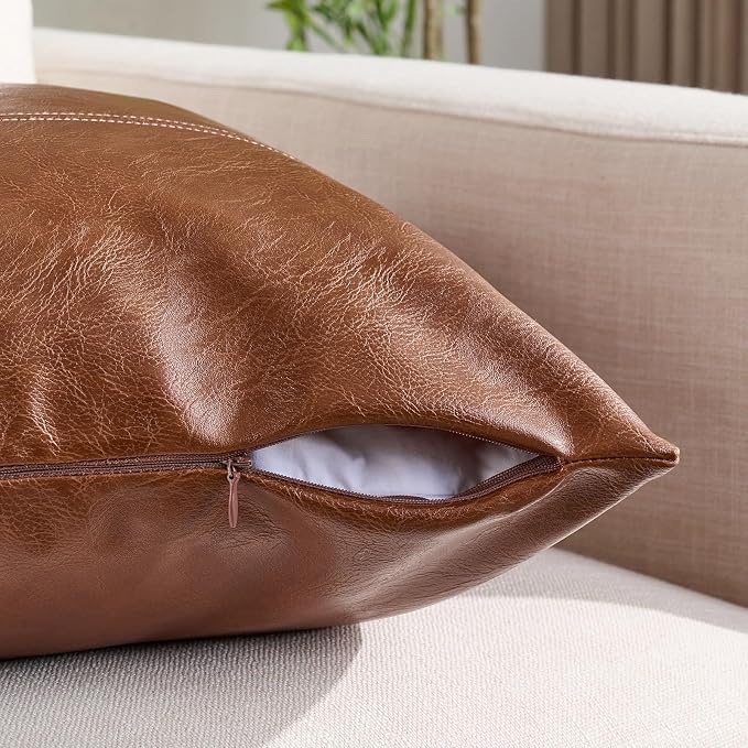 Fancy Homi Brown Boho Long Square Faux Leather Decorative Throw Pillow Covers 24x24 Inch for Living Room Couch Bed Sofa, Hand Stitched Cushion Case, Rustic Modern Farmhouse Home Decor