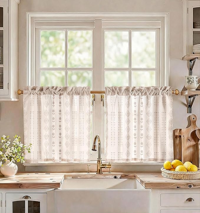 Miss Adola Farmhouse Kitchen Tier Curtains - 24 Inch Length Linen Blend Boho Cafe Curtains Striped Beige Small Window Treatments Over Sink Rod Pocket for Bathroom Living Room Light Filtering, 2 Panels