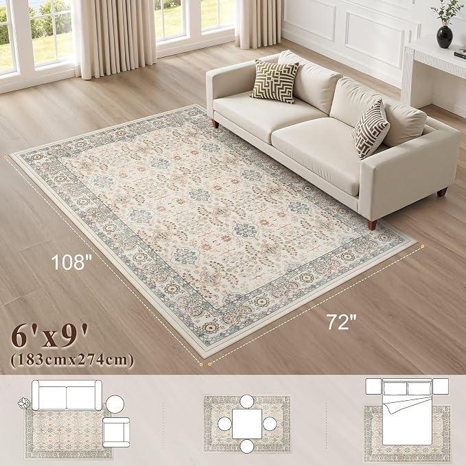 Vintage Living Room Area Rug 6x9 - Large Soft Washable Oriental Traditional Distressed Farmhouse Rugs for Bedroom - Indoor Floor Accent Carpet for Home Office House Decor - Multi