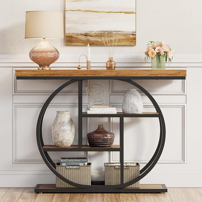41.3" Console Table, Modern Sofa Table with Circle Base, 4-Tier Narrow Entryway Table for Hallway, Slim Industrial Accent Table with Storage Shelves for Living Room, Rustic Brown