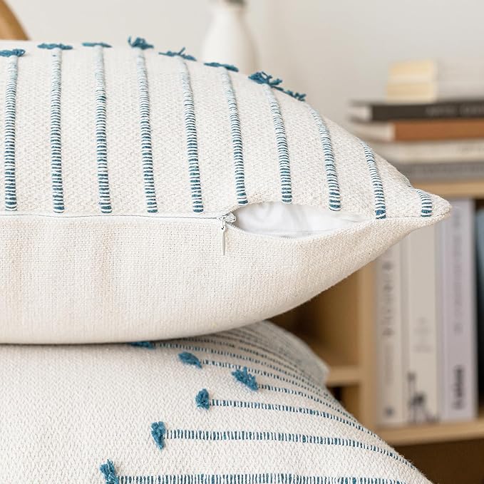 LILEPOY Boho Throw Pillow Covers 12x20 Set of 2 Neutral Decorative Textured Cushion Case Farmhouse Pillowcase Modern Lumbar Pillow Covers for Sofa,Couch, Living Room,Beige and Blue