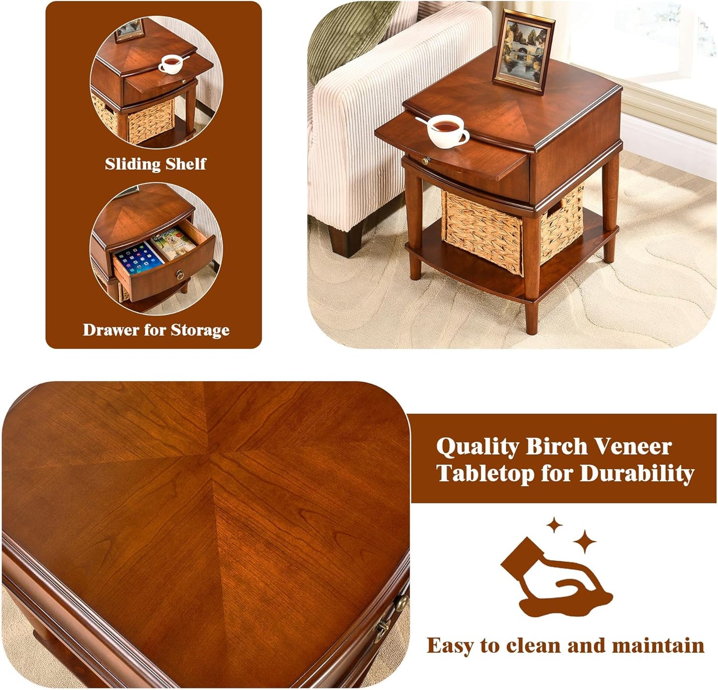 2 Tier Solid Wood Square End Table with Drawer, Wooden Sofa Side Table with Sliding Shelf & Lower Shelf, Nightstand Bedside Table for Living Room Bedroom, 19.7x17.7x22.8in