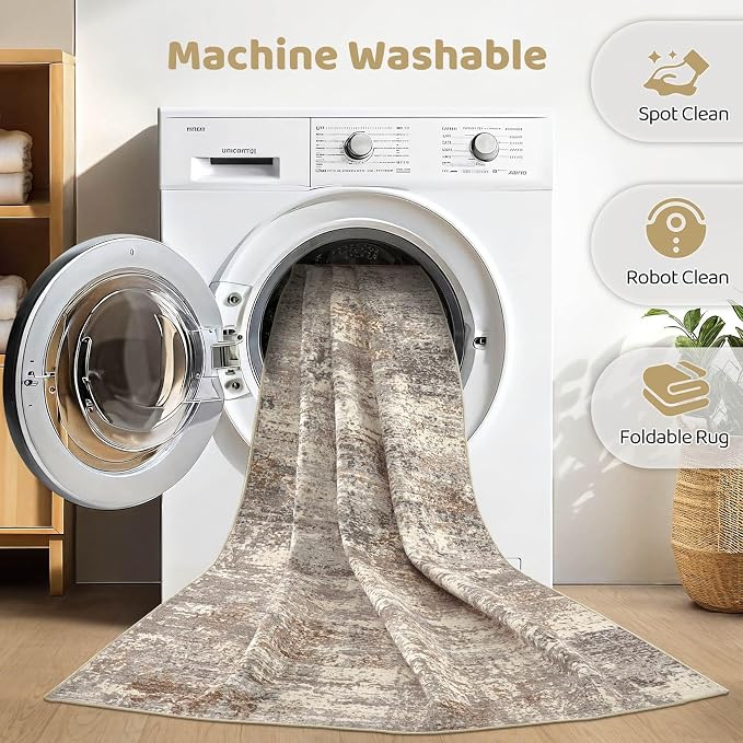 6x9 Area Rugs Living Room: Washable Large Abstract Neutral Modern Soft Rug Stain Resistant Indoor Floor Non-Slip Accent Carpet for Bedroom Nursery Playroom Dining Room Office Home- Sand Brown Black