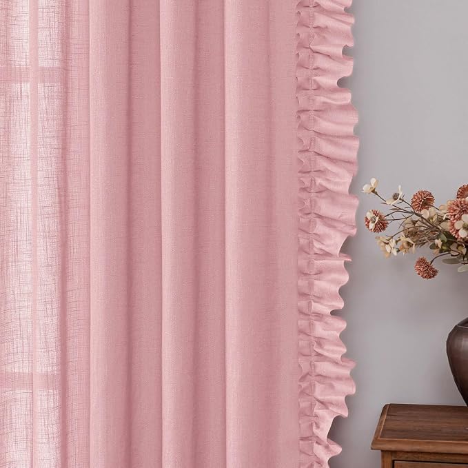 Blush Pink Ruffle Curtains 96 Inches Long, 2 Panels, Each W58 x L96 Inch, Farmhouse Blush Linen Curtains for Living Room Bedroom, Rod Pocket Privacy Semi-Sheer Scalloped Flowy Curtain Window Drapes