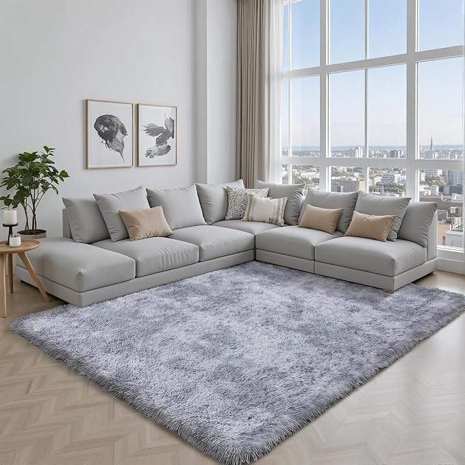 Area Rug for Living Room Bedroom: 6x9 Light Grey Soft Fluffy Shag Upgrade Non-Slip High Pile Carpet Large Fuzzy Plush Indoor Floor Decor Shaggy Rug for Kid Boys Girls Playroom Nursery Modern Home